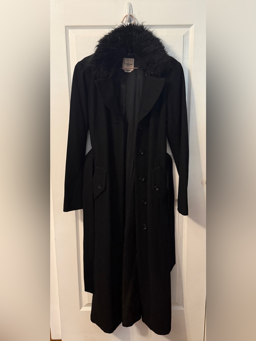 Bebe Long Wool Blend Black Coat with Faux Fur Collar - Picture 3 of 10
